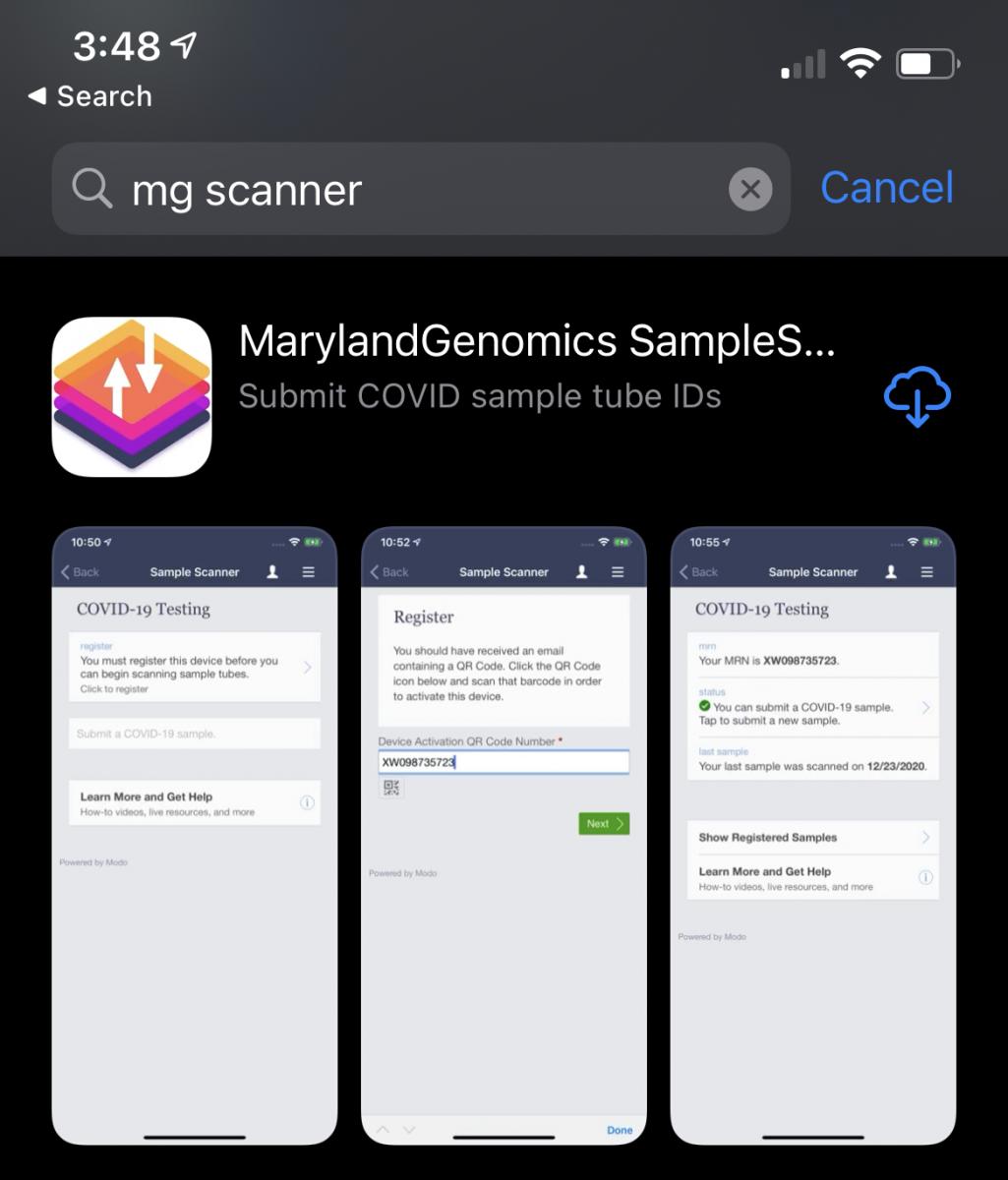 Screenshot the MarylandGenomics Sample Scanner listing in a mobile app store 