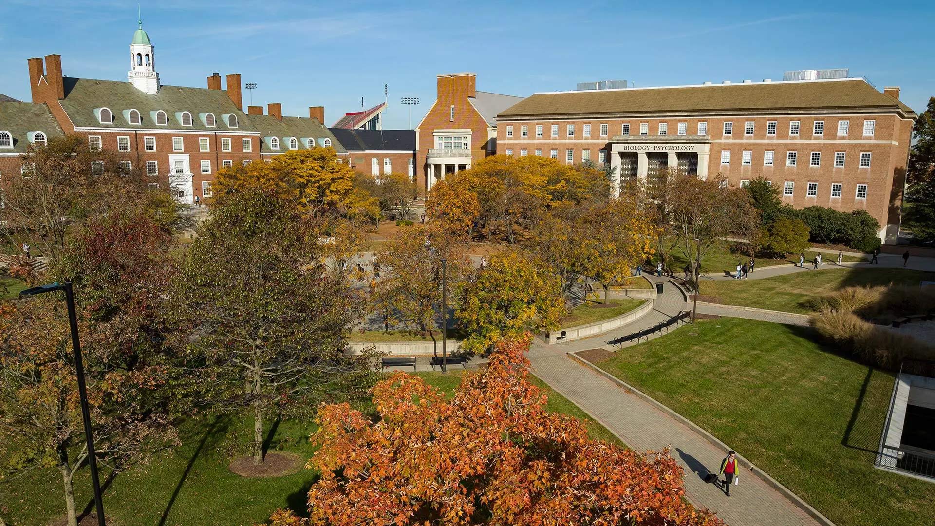 A drone captures an aerial view of Hornbake Plaza ablaze in color. Photo by Eric Kruszewski.