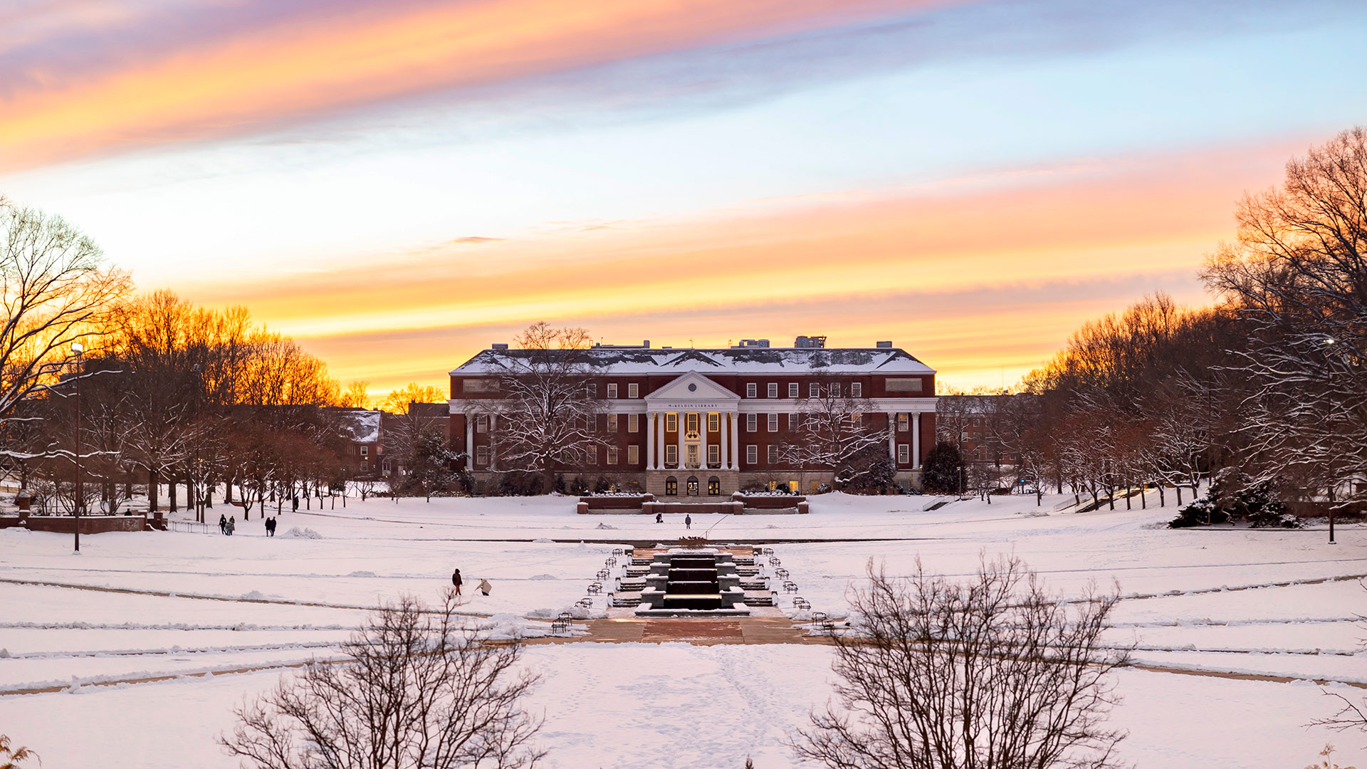 A winter sunset on McKeldin Mall at the University of Maryland in College Park