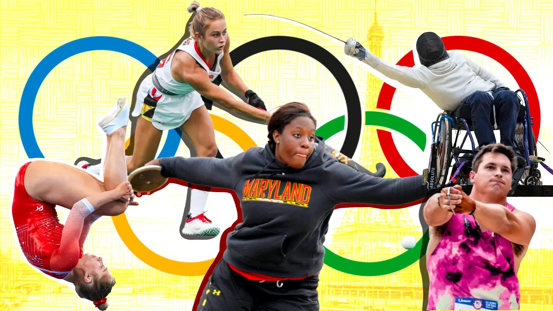 From left, trampoline gymnast Jessica Stevens, field hockey player Emma DeBerdine, discus thrower Chioma Onyekwere, wheelchair fencer Noah Hanssen and hammer thrower Rudy Winkler are among 14 Terps who will compete at the 2024 Summer Olympics in Paris.