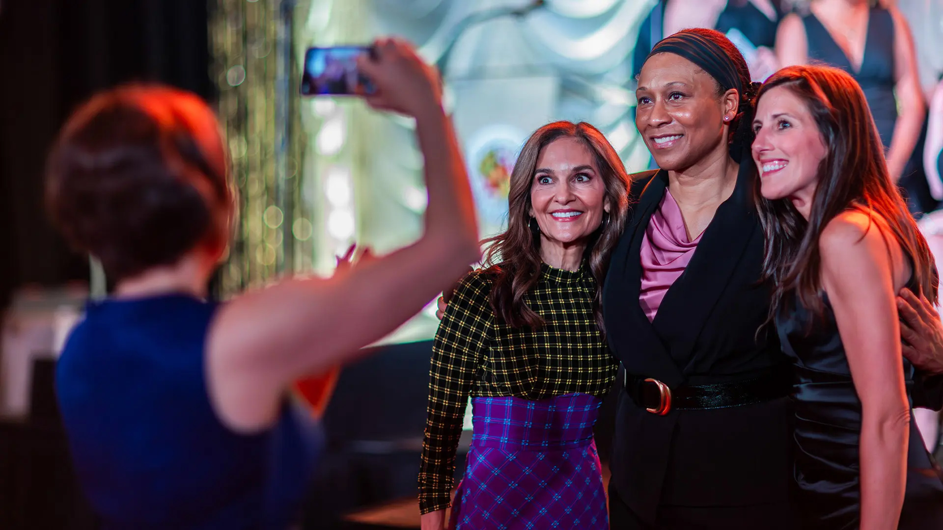 From left, Hall of Fame inductee Joy Bauer ’86 and President's Award recipient Jeanette Epps M.S. ’94, Ph.D. ’00 pose with Angela Dimopoulos '07, senior director of alumni engagement and outreach with the Alumni Association, at its annual Celebration of Terps: Featuring the Maryland Awards.